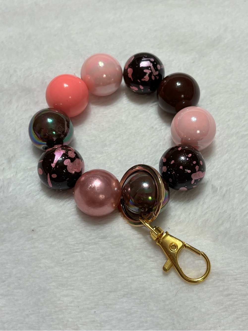 Pink & Brown Beaded Keychain Bracelet